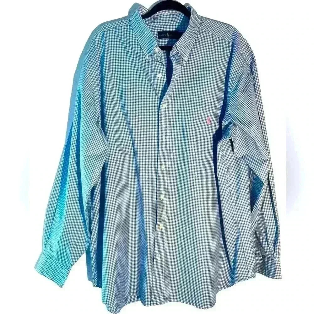 MENS RALPH LAUREN LONG SLEEVE BLUE/WHITE CHECKERED BUTTON DOWN SHIRT SIZE 2XB